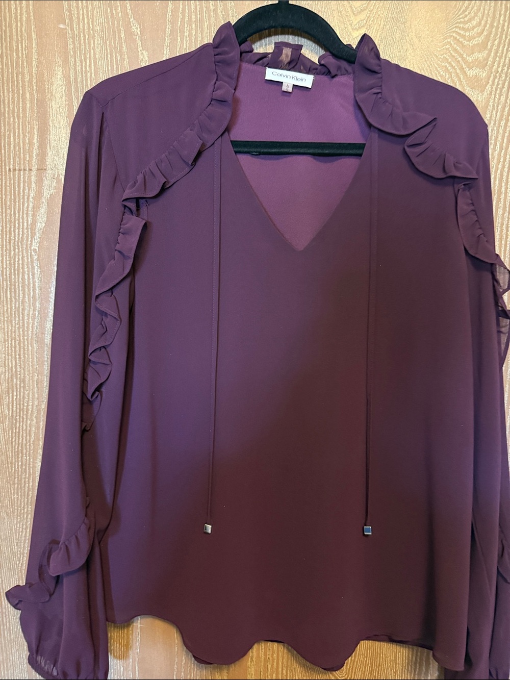 Calvin Klein Plum Ruffle Tie-Neck Long Sleeve Top